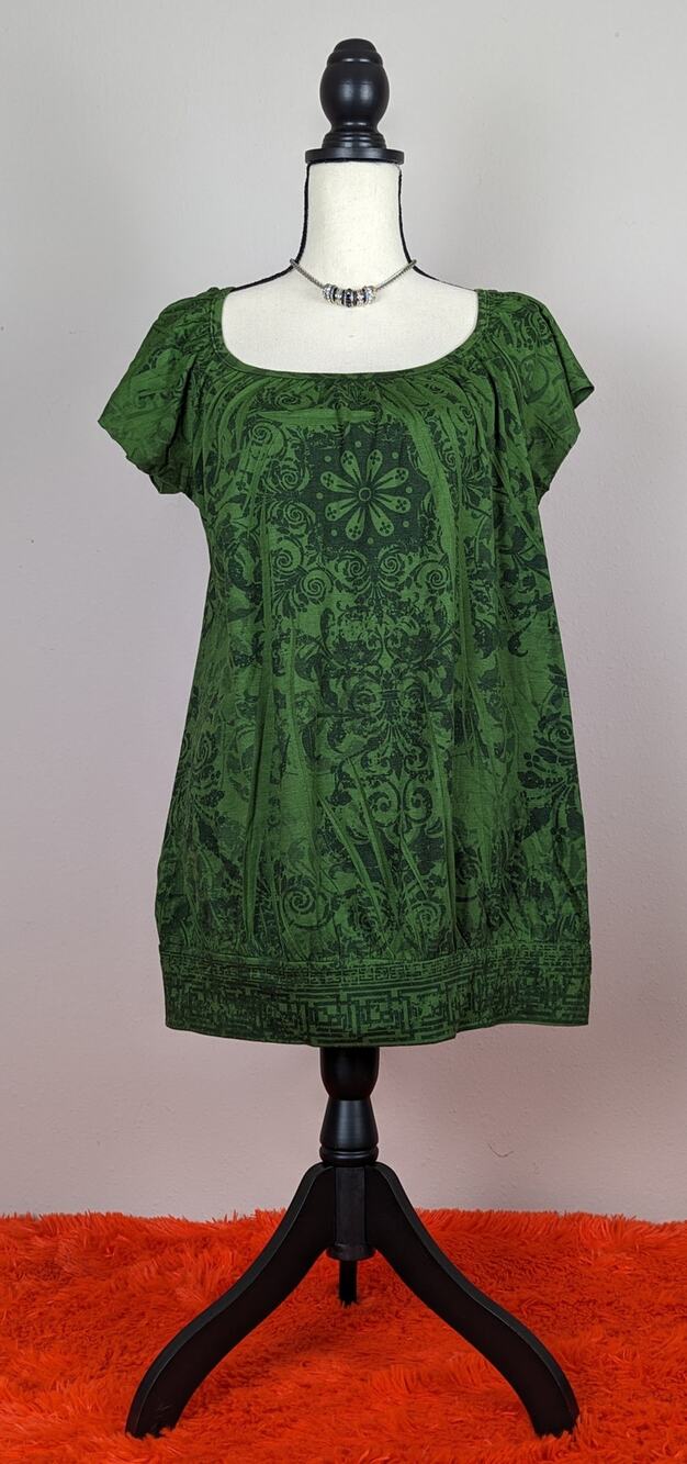 Julie's Closet Maternity Green Black Patterned Short Sleeve Blouse Top L